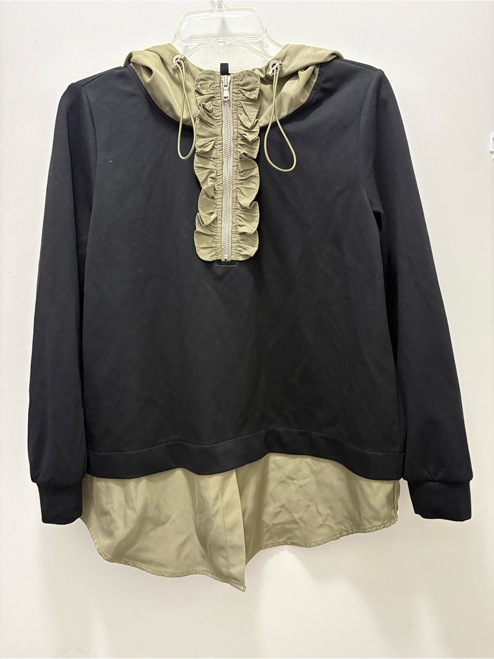 Women’s Black & Olive Hooded Jacket with Ruffle Zip Placket